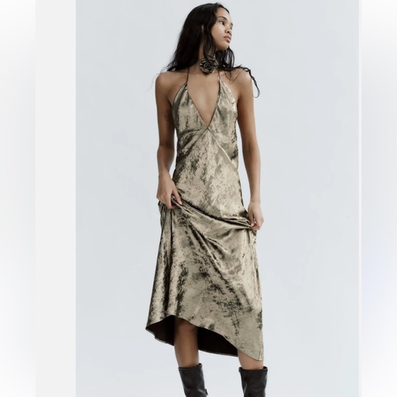 SOLD! ZARA Foil Dress w/Flower - Picture 2 of 12